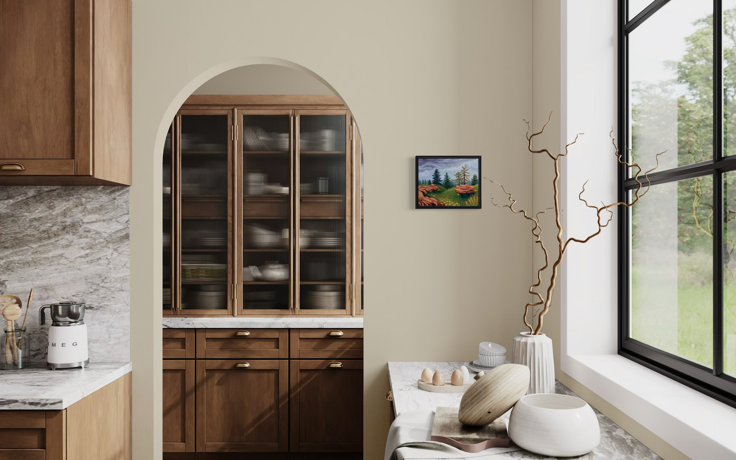 Modern kitchen with wooden cabinets, a large window, and decorative elements.