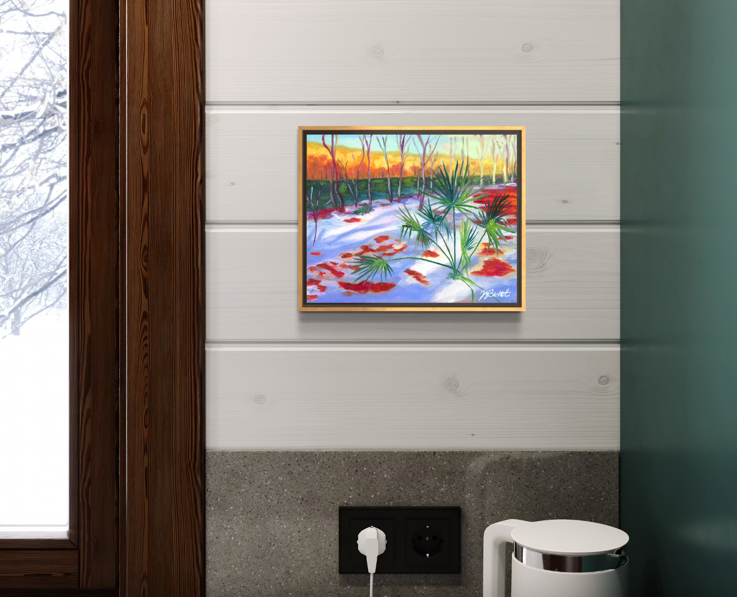 Framed artwork on a wall with a window and coffee maker in the foreground