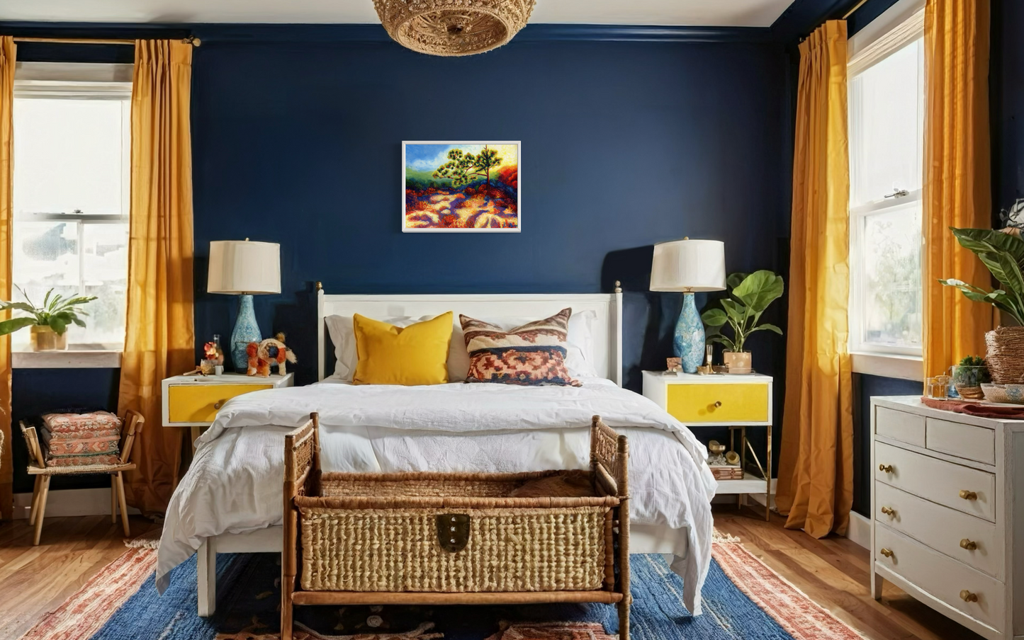 Bedroom with blue walls, landscape painting, yellow curtains, and a bed with decorative pillows.