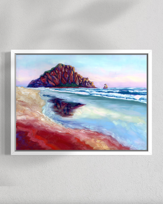 Framed painting of a coastal scene with a rocky outcrop and ocean waves on a white wall.
