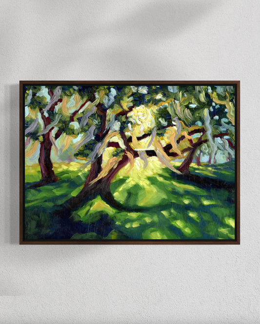 Framed painting of a tree with green leaves and brown trunk on a white wall.