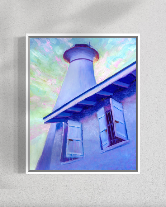 Framed artwork of a lighthouse with a colorful abstract background on a gray wall.