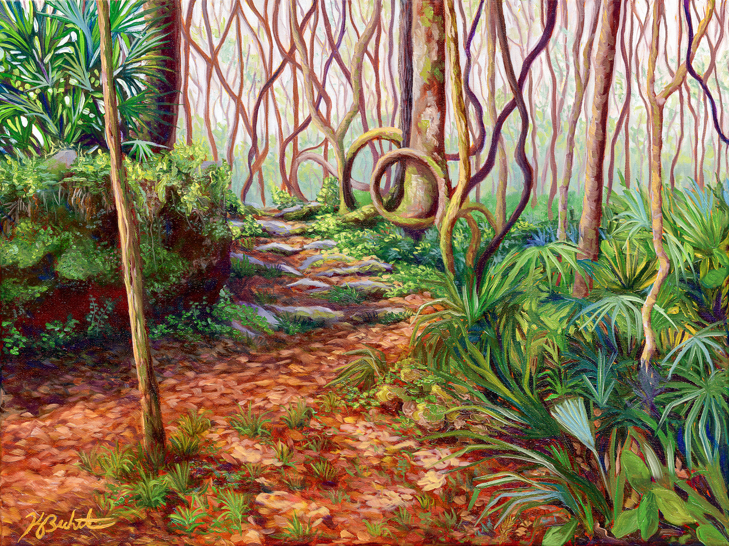 Colorful painting of a tropical forest with a winding path