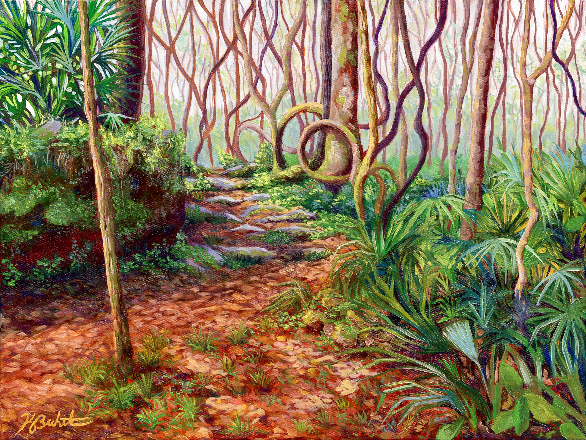 Colorful painting of a tropical forest with a winding path
