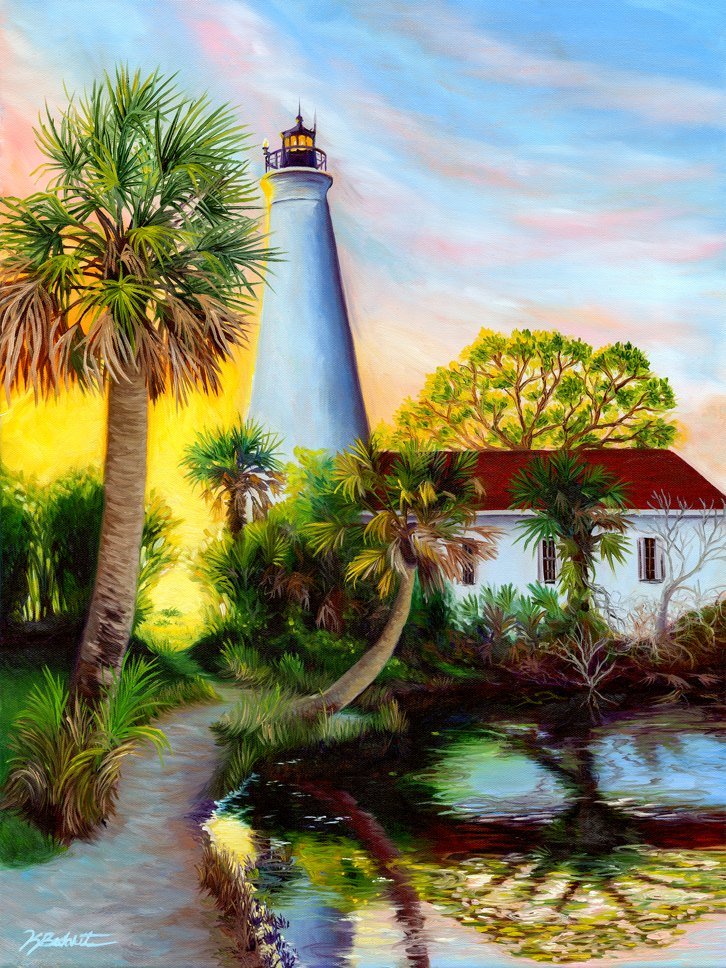 Painting of a lighthouse surrounded by palm trees and a house with a pond in the foreground and sunlight glowing from the background