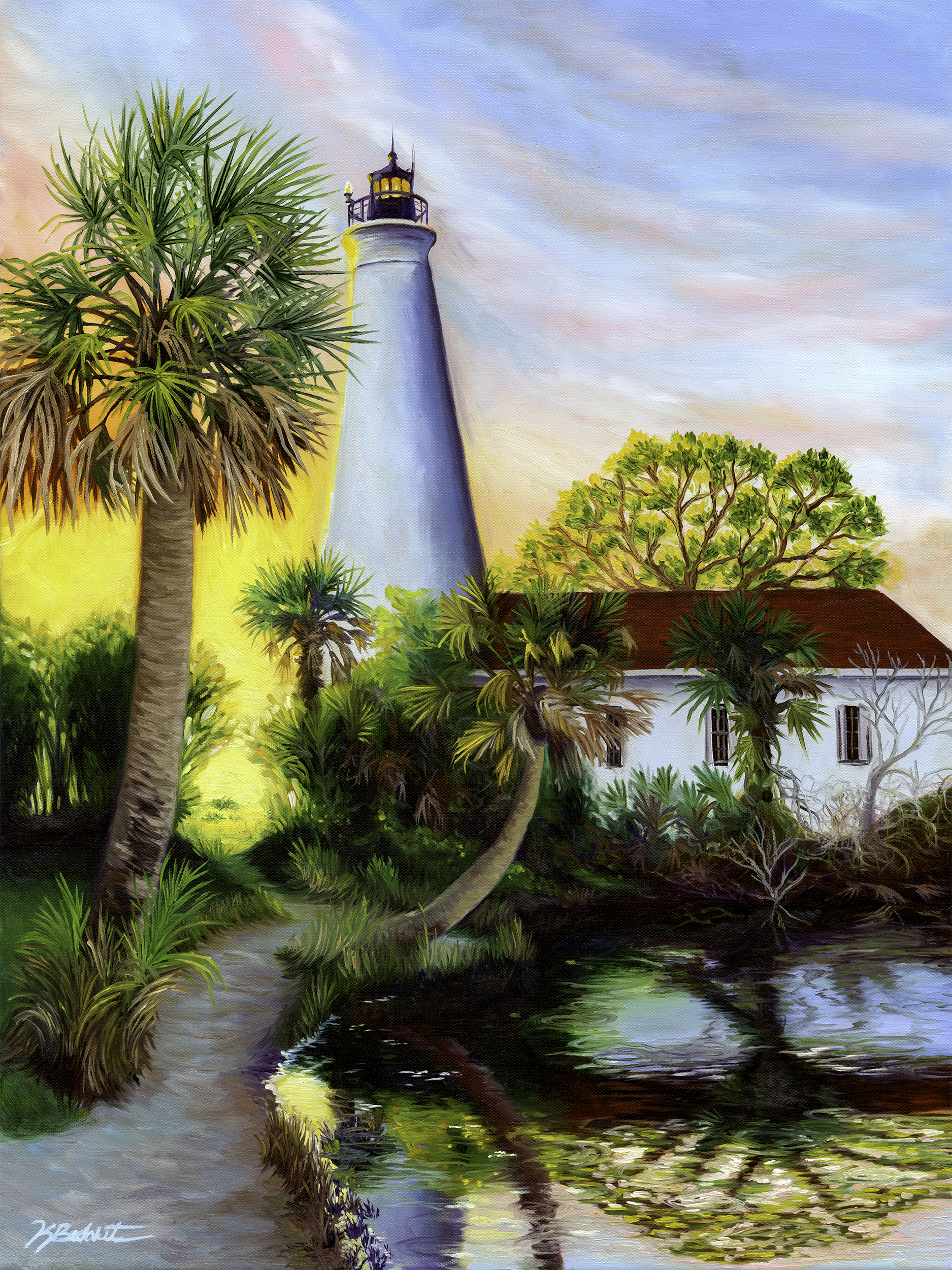 Painting of a lighthouse surrounded by palm trees and a house with a pond in the foreground and sunlight glowing from the background