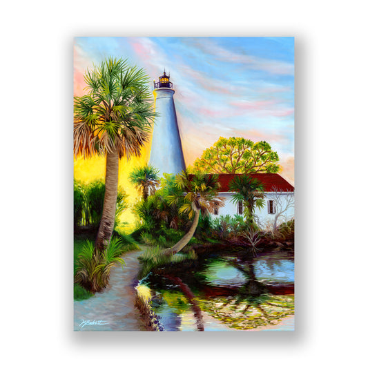 Painting of a lighthouse surrounded by palm trees and a house with a pond in the foreground and sunlight glowing from the background. The painting is shown with a shadow on a white background
