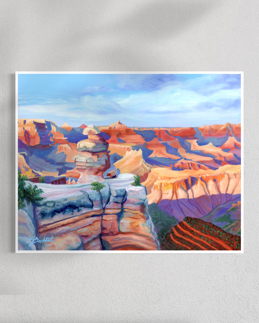 Artistic depiction of a canyon landscape with colorful rock formations on a white wall.