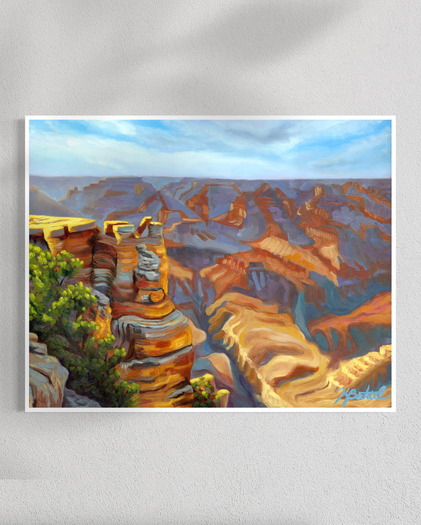 Painting of a canyon landscape with colorful rock formations and a blue sky.