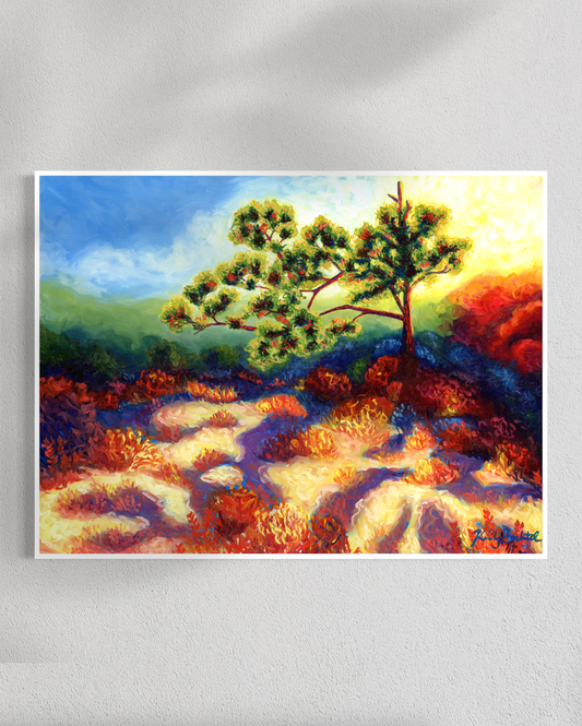 Painting of a tree with a colorful landscape on a white wall