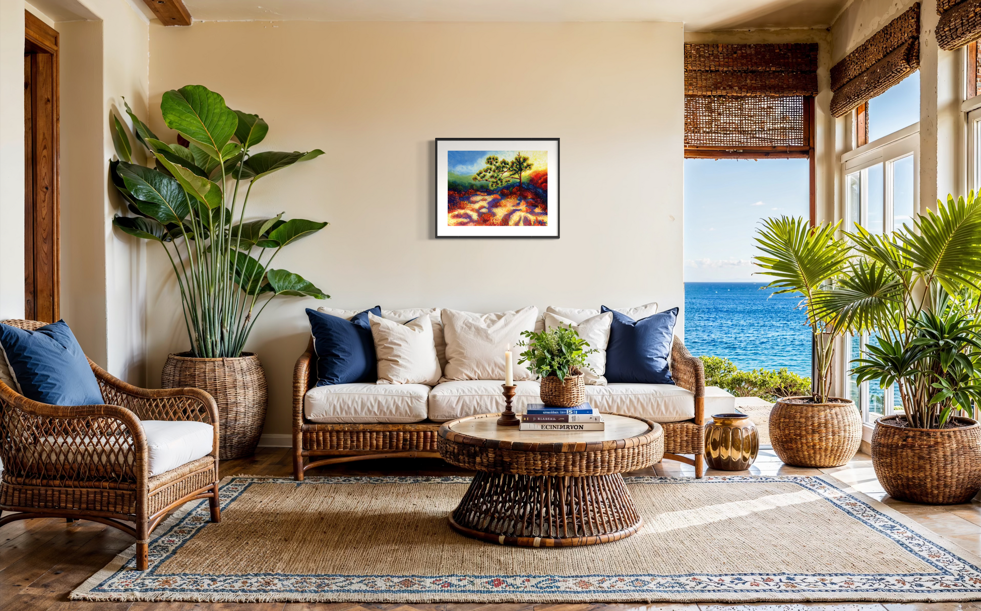 Living room with wicker furniture, plants, and a scenic painting.