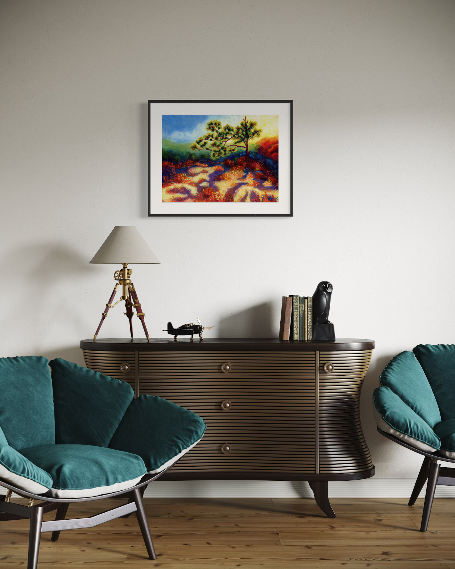 Modern living room with teal chairs, wooden sideboard, and framed artwork on the wall.