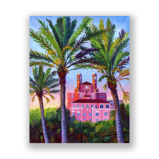 Painting of palm trees and an ornate pink building with a blue sky.