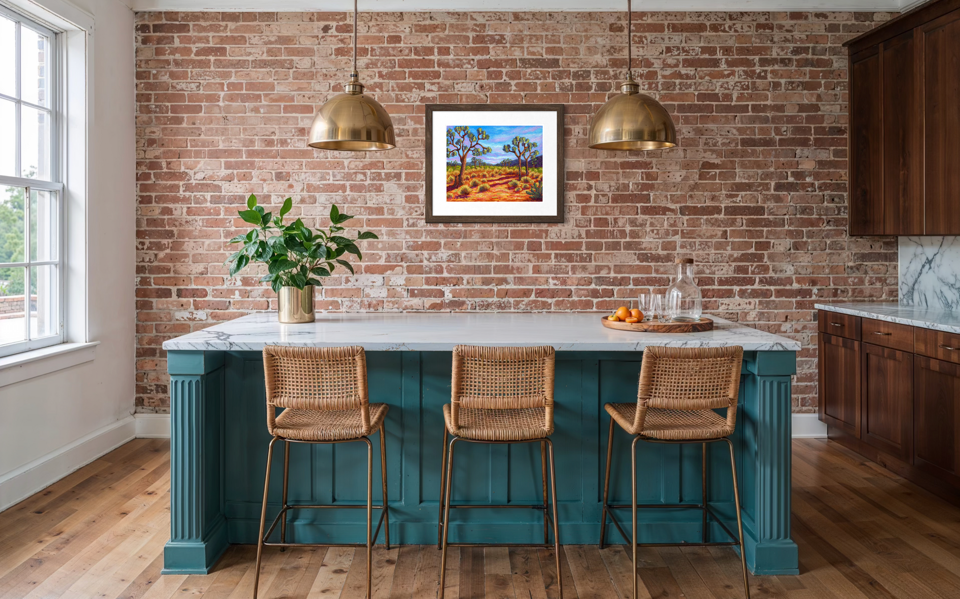 Kitchen with brick wall, island, and bar stools