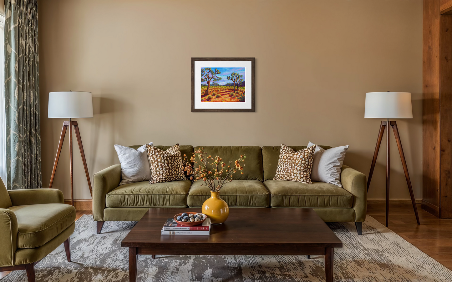 Living room with a green sofa, wooden coffee table, and decorative elements.