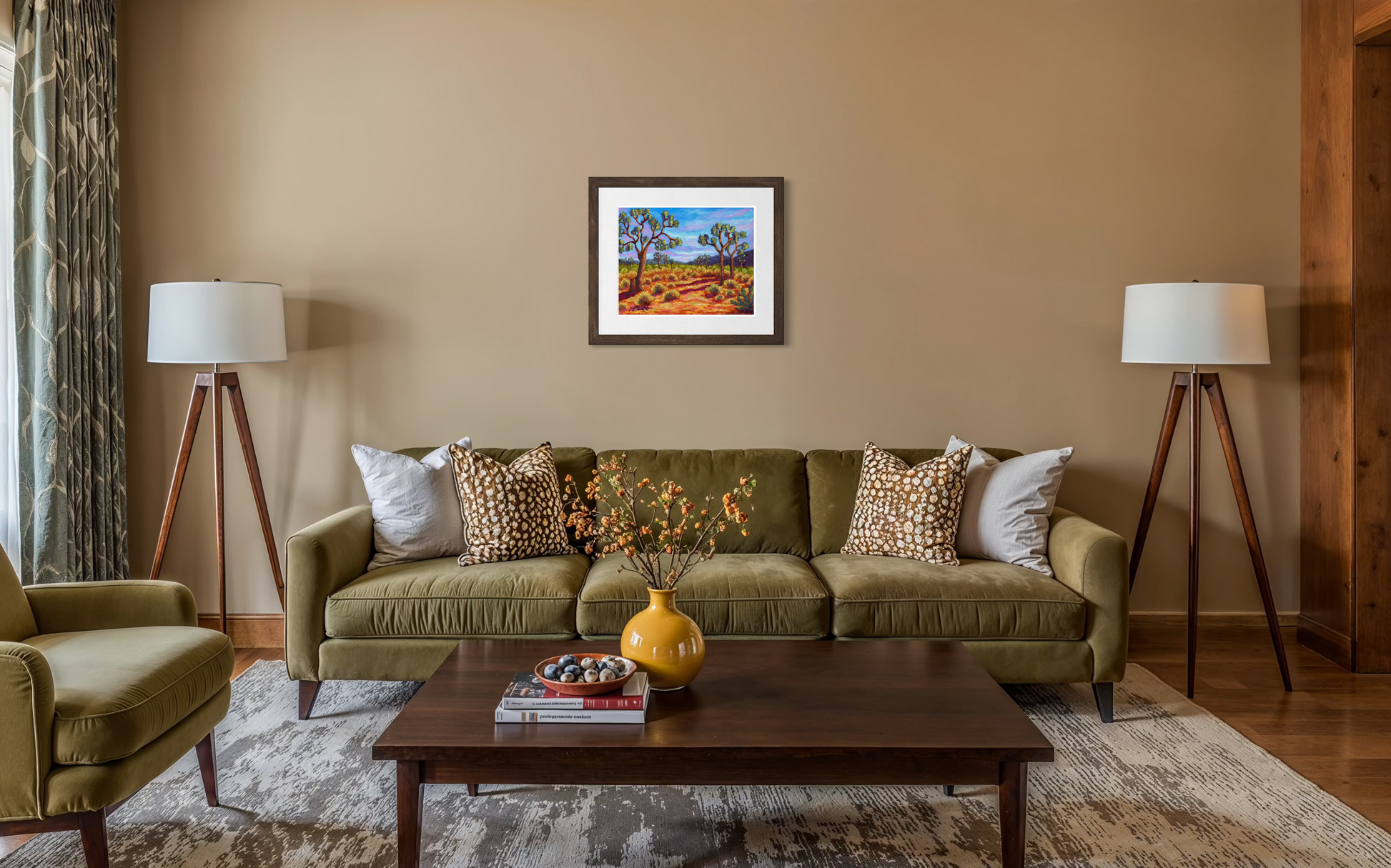 Living room with a green sofa, wooden coffee table, and decorative elements.