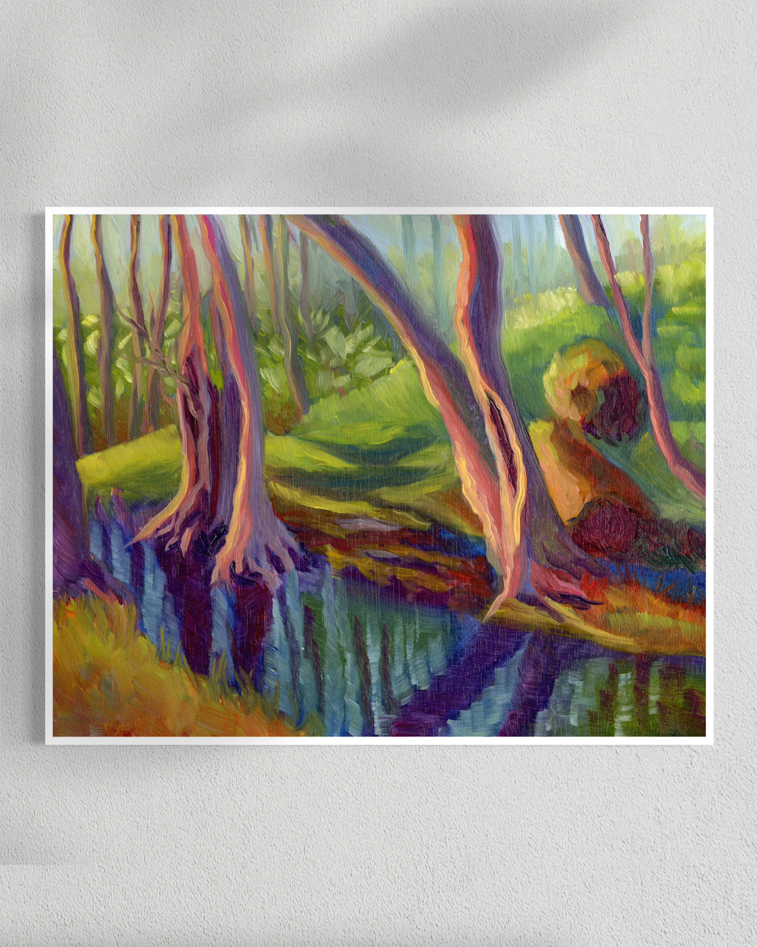 Colorful painting of a natural landscape with trees and water on a white background
