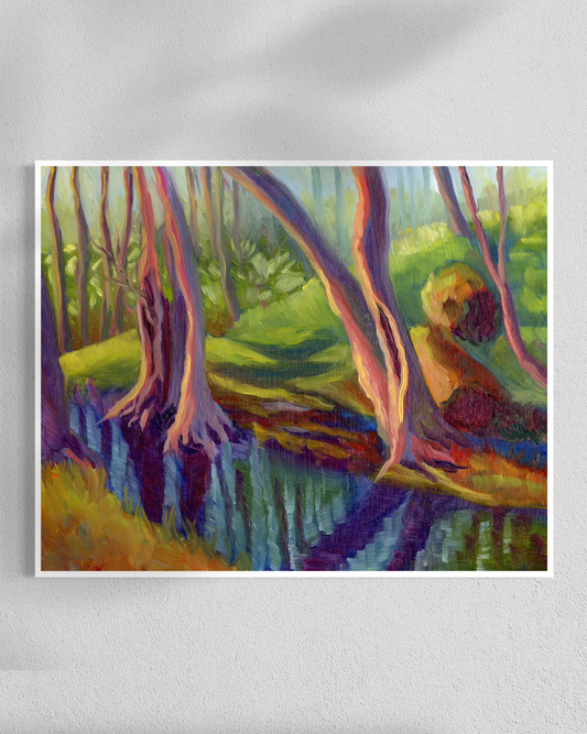 Colorful painting of a natural landscape with trees and water on a white background