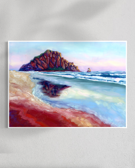 Painting of a coastal scene with a large rock formation and ocean waves on a white wall.