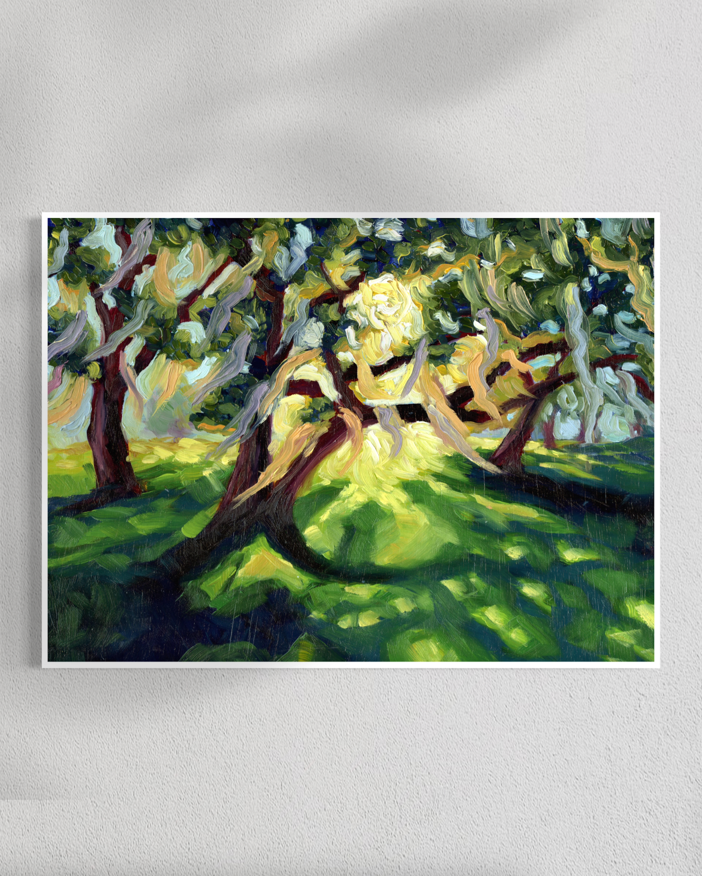 Painting of trees with sunlight filtering through on a white wall