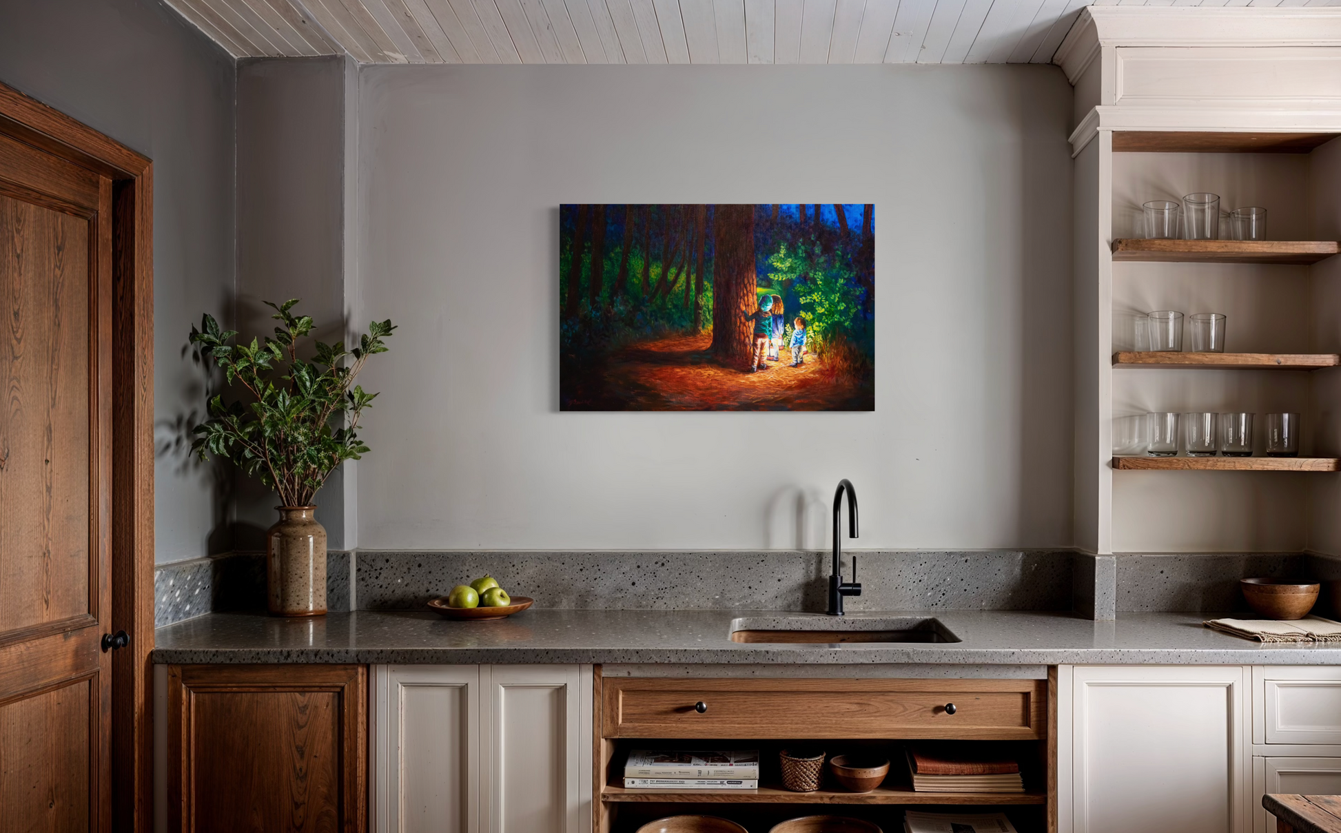 Kitchen interior with a painting on the wall, countertop items, and shelves.