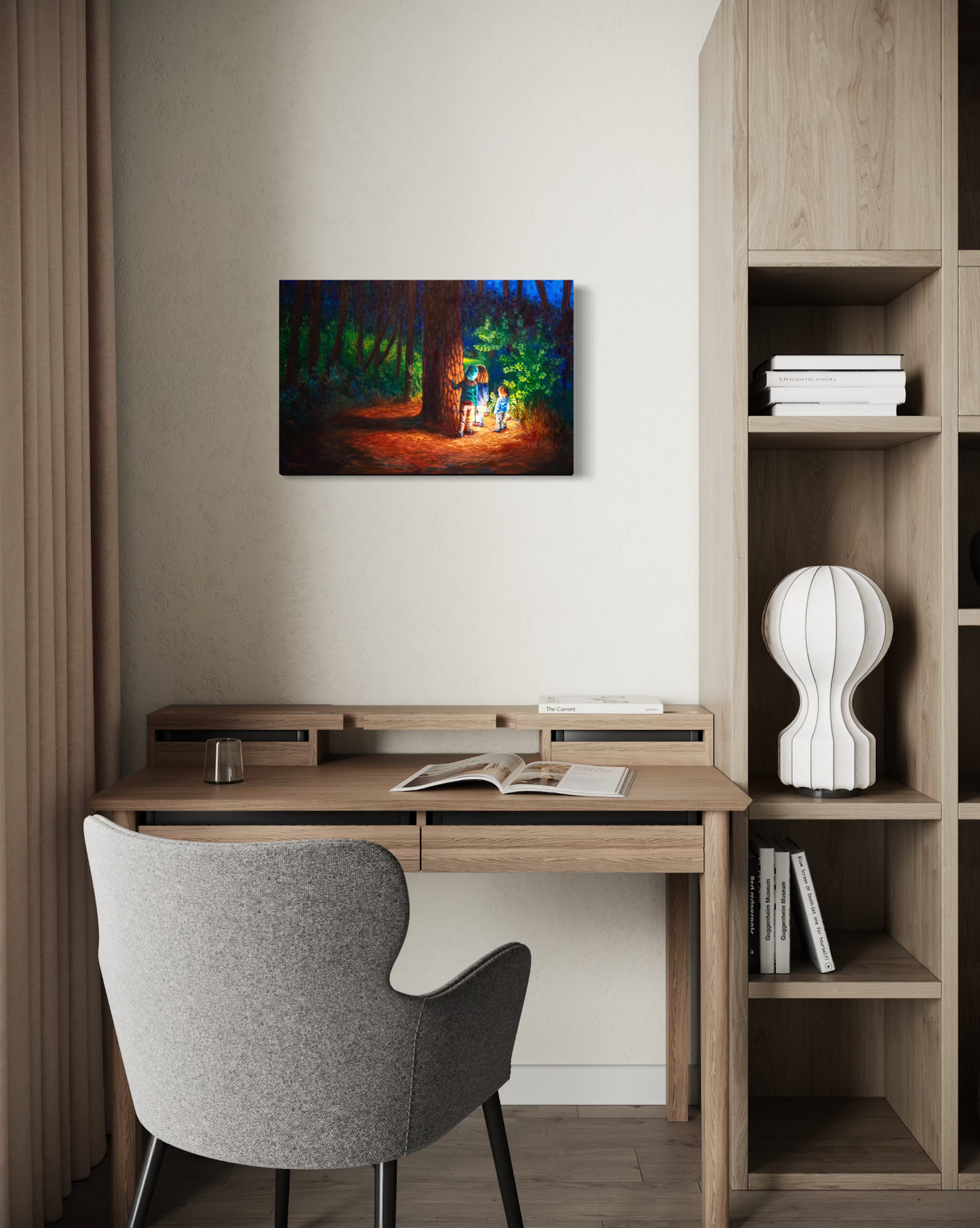 Modern home office with wooden desk, chair, and shelves. A painting of a forest scene with children and lanterns hangs on the wall.