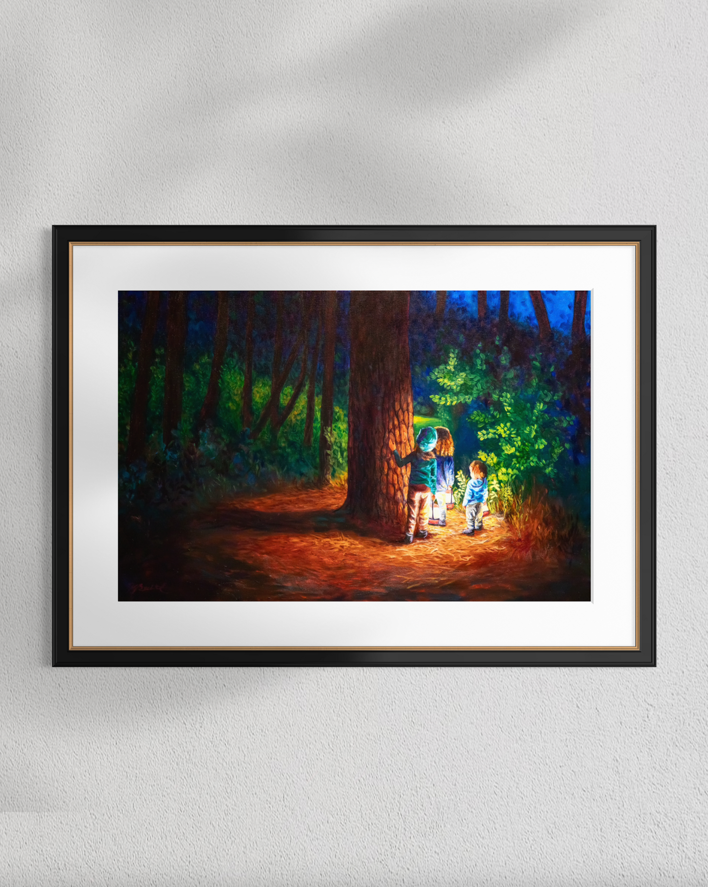 Framed matted print of painting with children walking through a forest with lanterns.