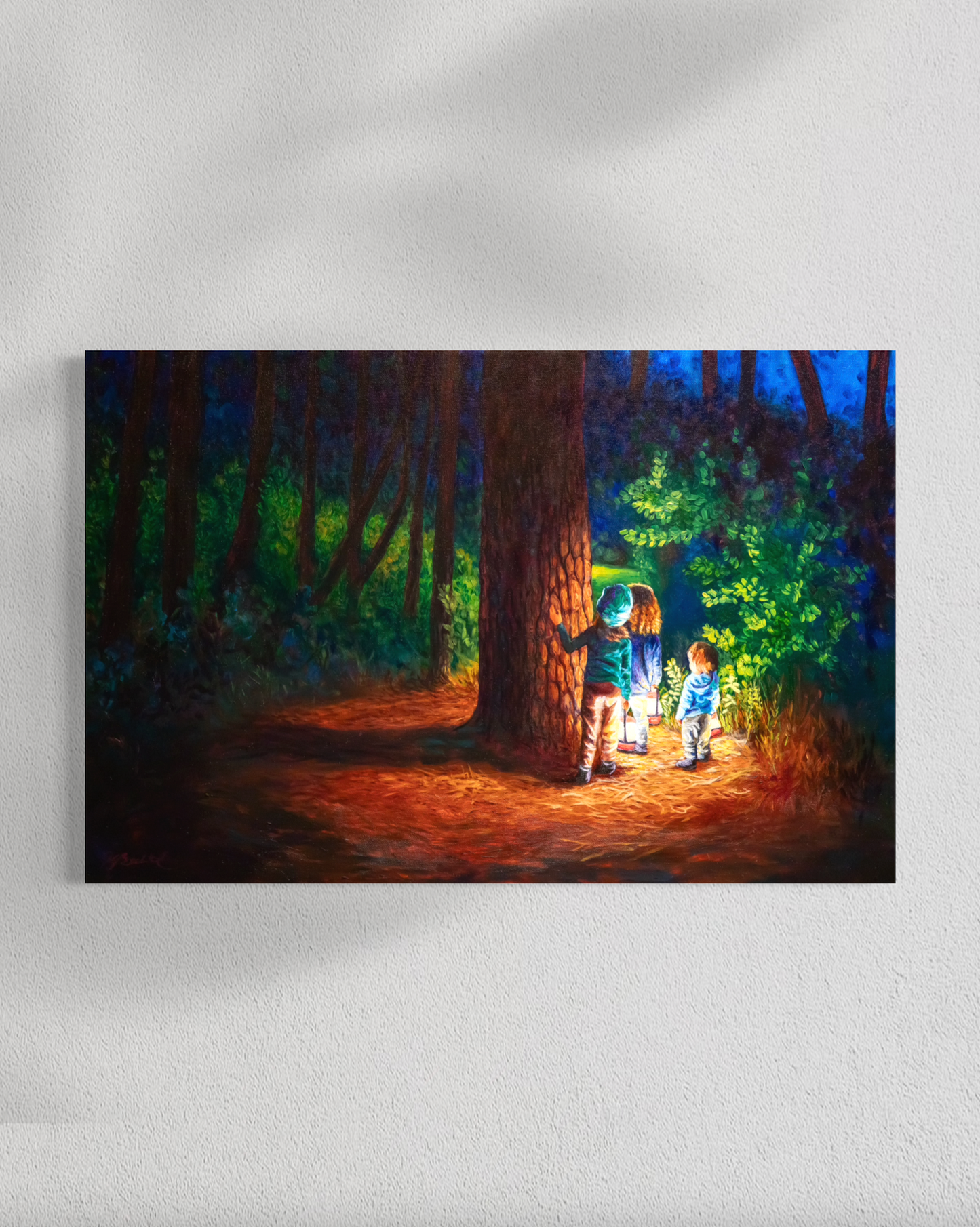 Painting of two children with a lantern in a forest setting on a white wall.