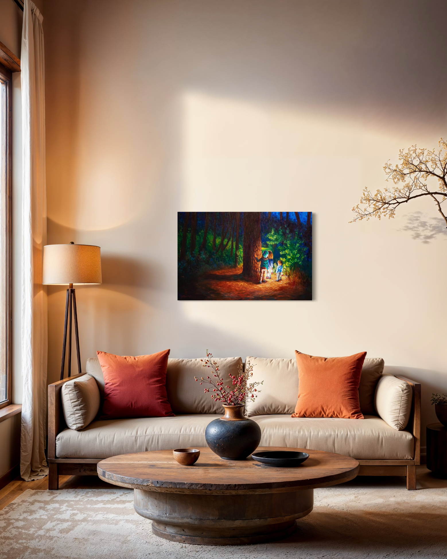 Living room with a painting on the wall, lamp, and sofa with colorful cushions.