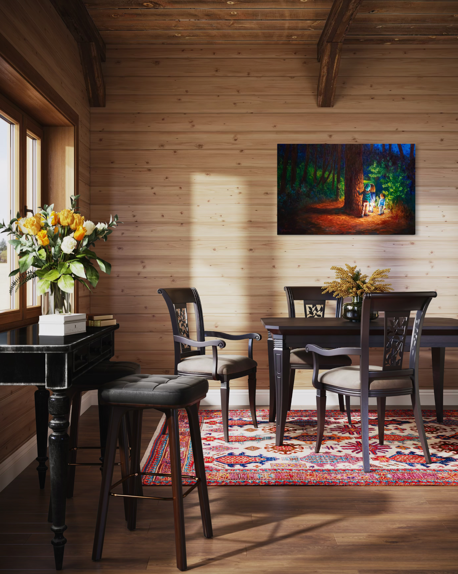 Dining room with wooden walls, a rug, chairs, and a painting of a forest scene.