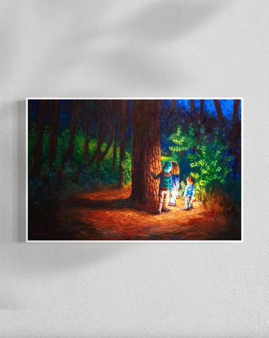 Two children with a glowing lantern in a forest setting on a white wall.