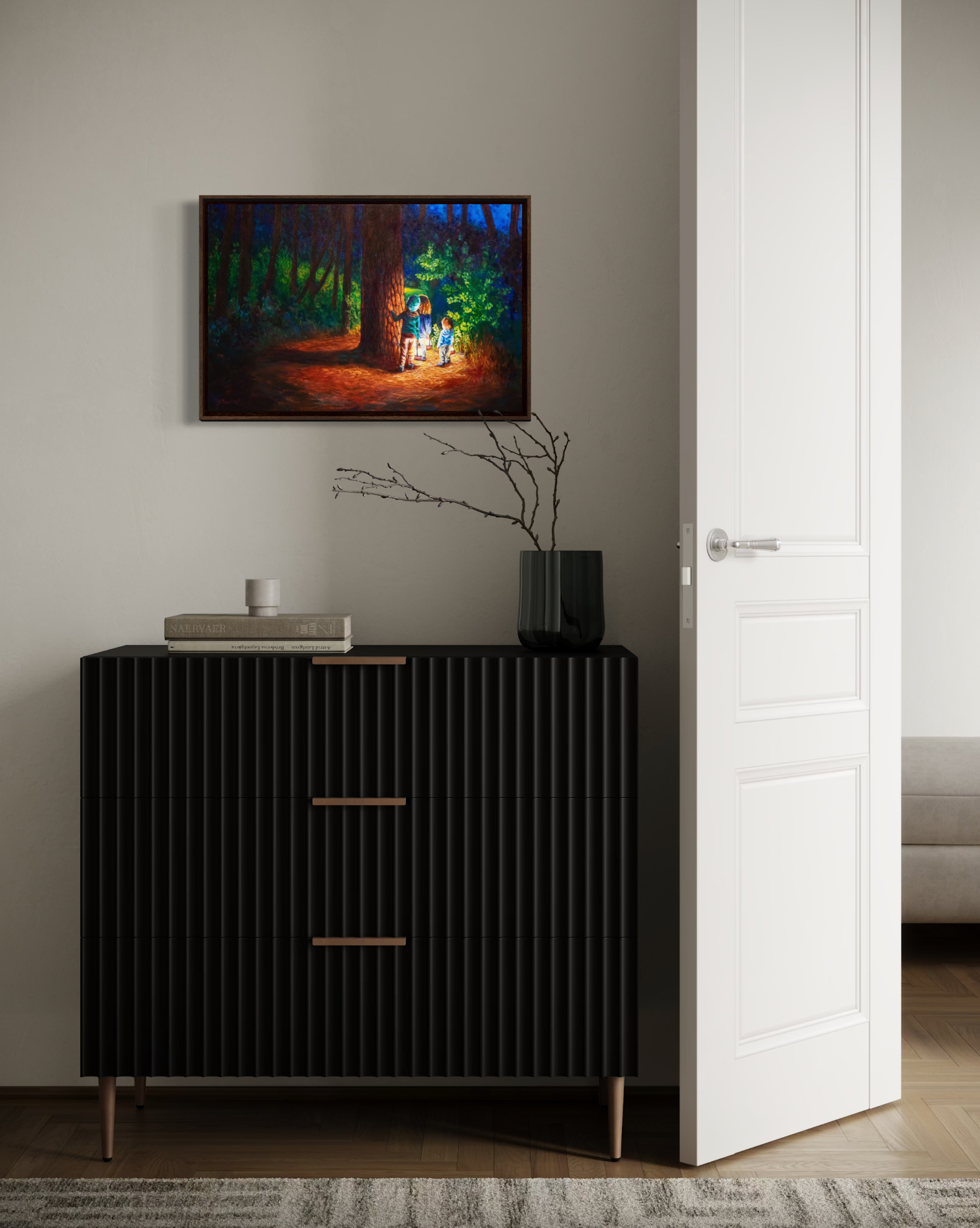 Dark wooden cabinet with a painting of a forest scene on a wall above it.