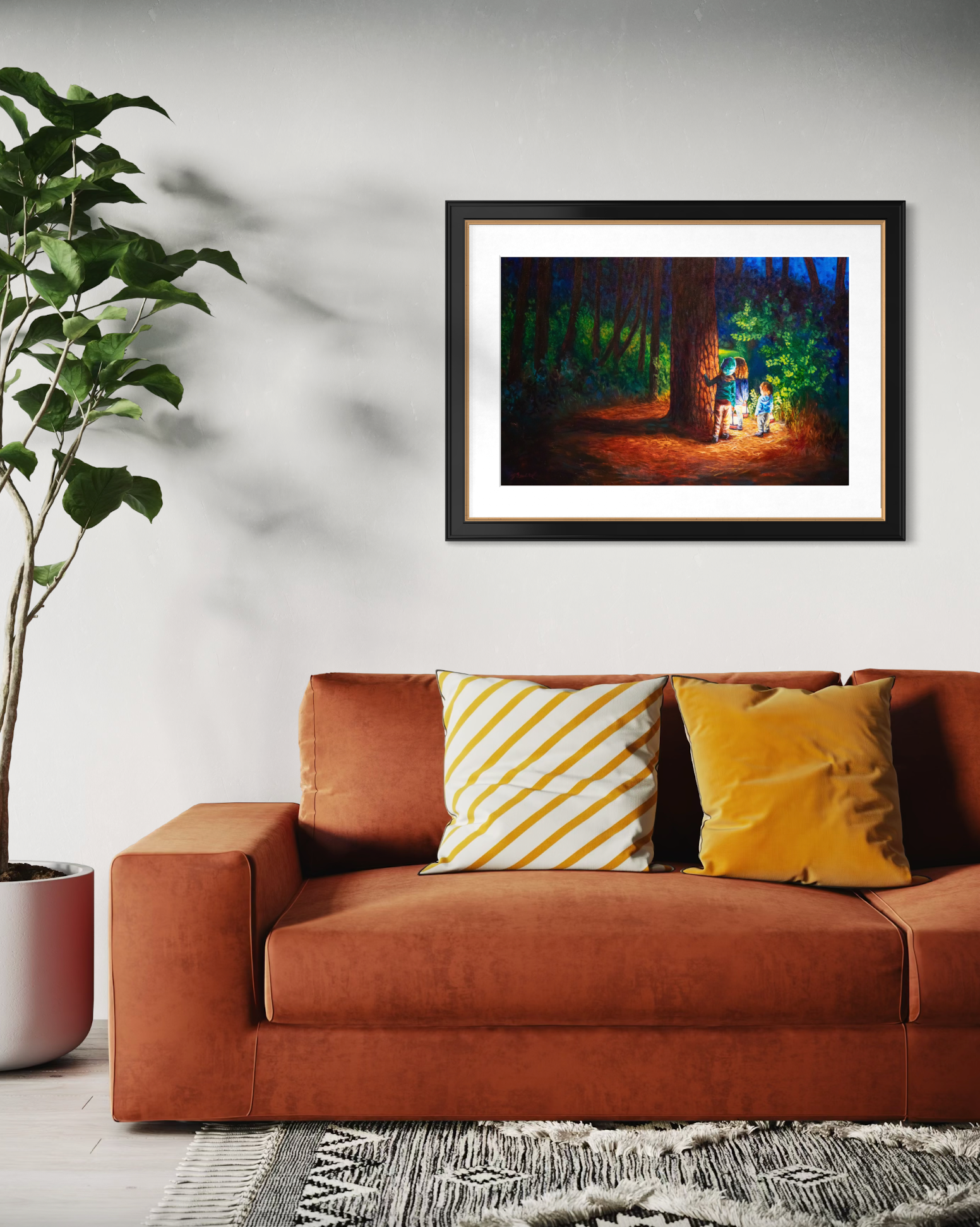 Framed artwork above a brown sofa with decorative pillows in a living room setting.