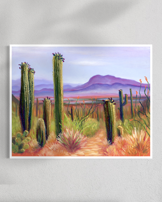 Painting of a desert landscape with cacti and mountains.