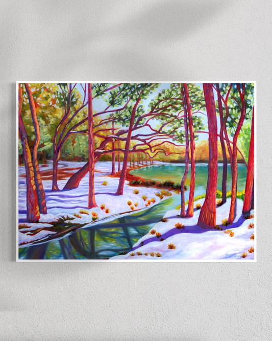 Colorful painting of a forest scene with trees and snow on a white wall.