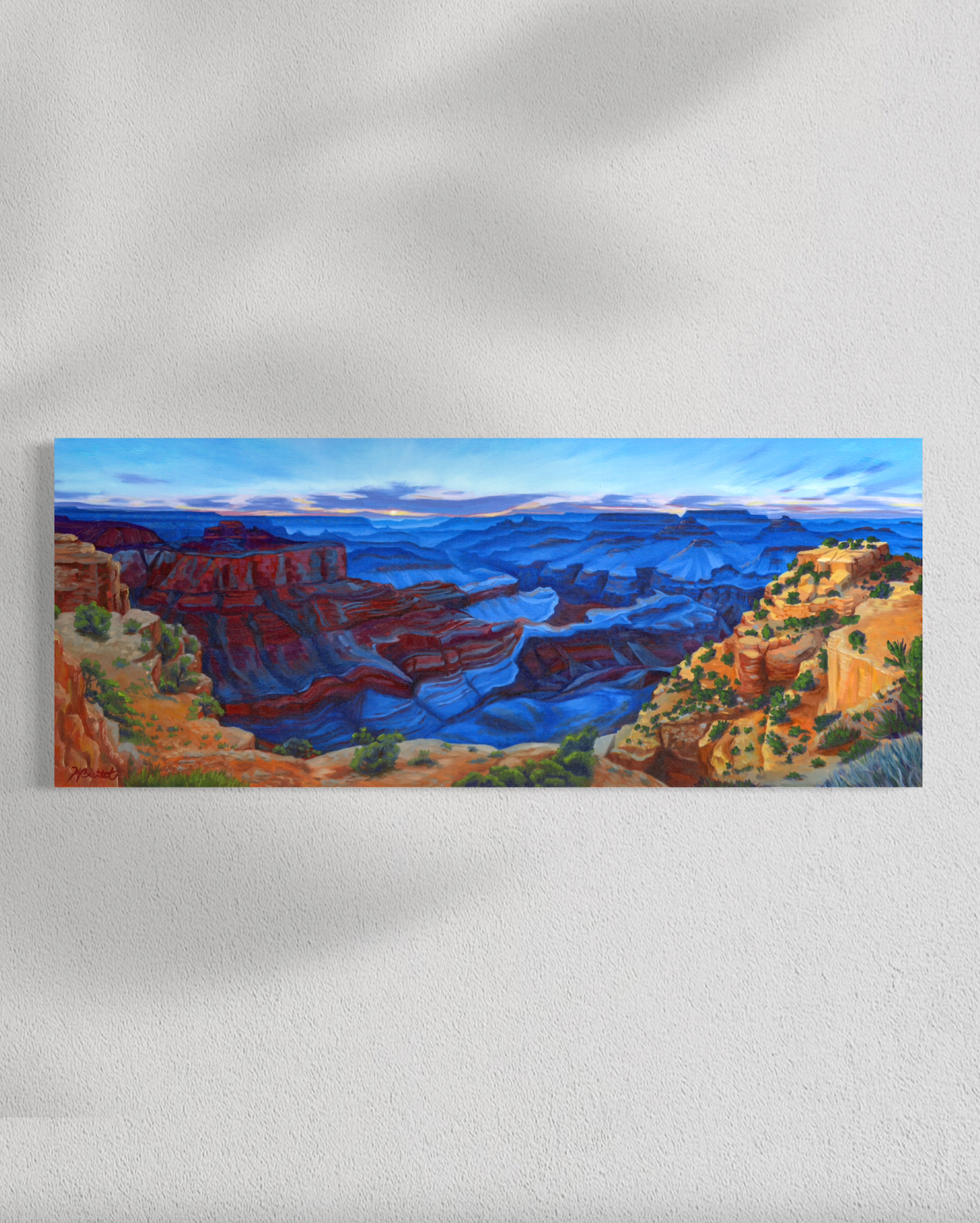 Painting of a canyon landscape on a white background
