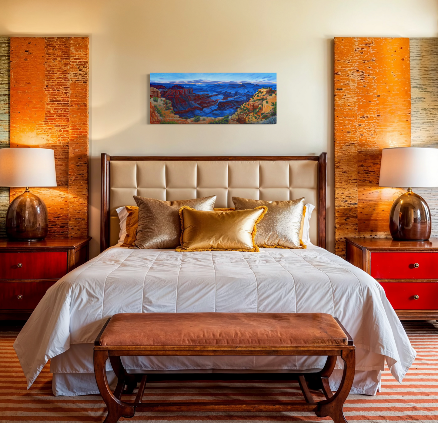 Decorative bedroom with a bed, lamps, and artwork on the wall.