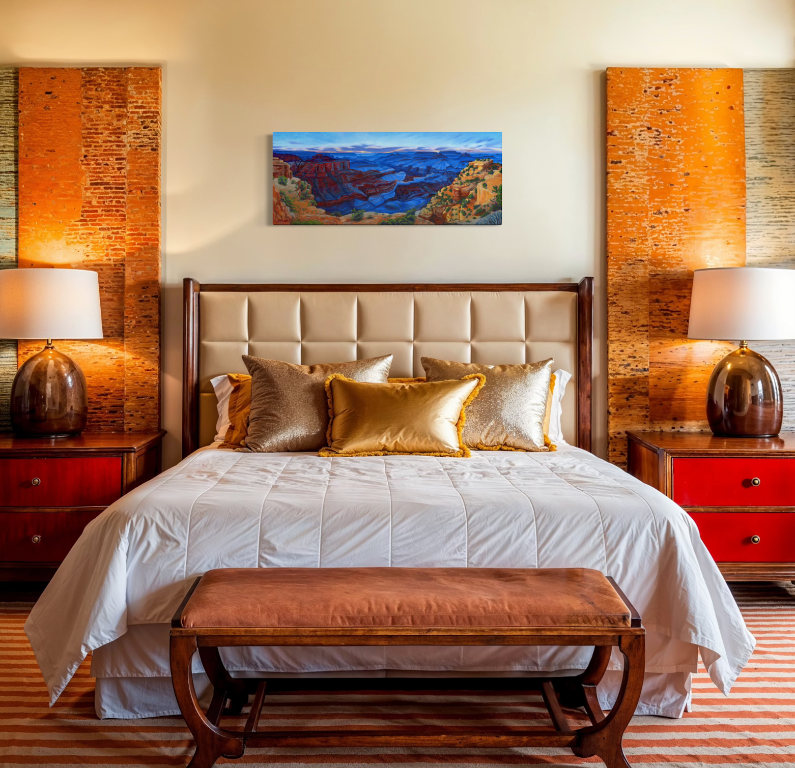 Decorative bedroom with a bed, lamps, and artwork on the wall.