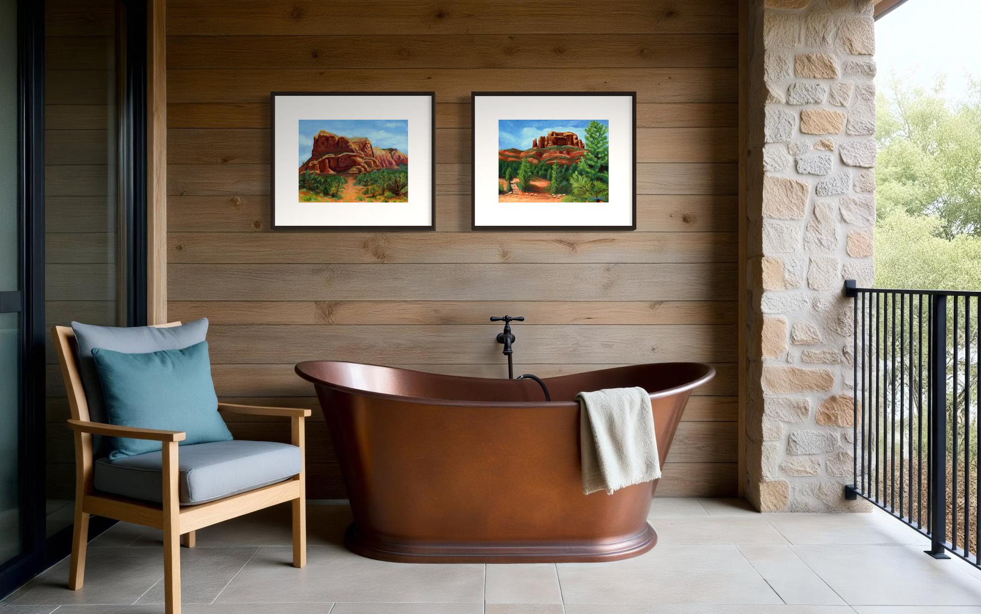 Bathroom with wooden bathtub, chair, and wall art