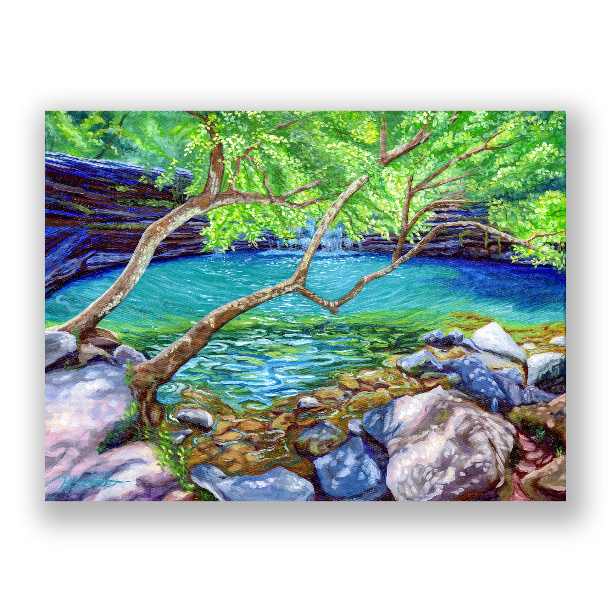 Artistic depiction of a natural landscape with a tree overhanging water, surrounded by greenery and rocks.