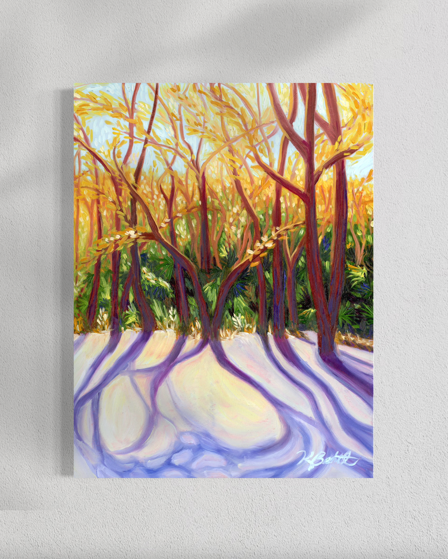 Painting of a forest scene with trees and ground on a gray background