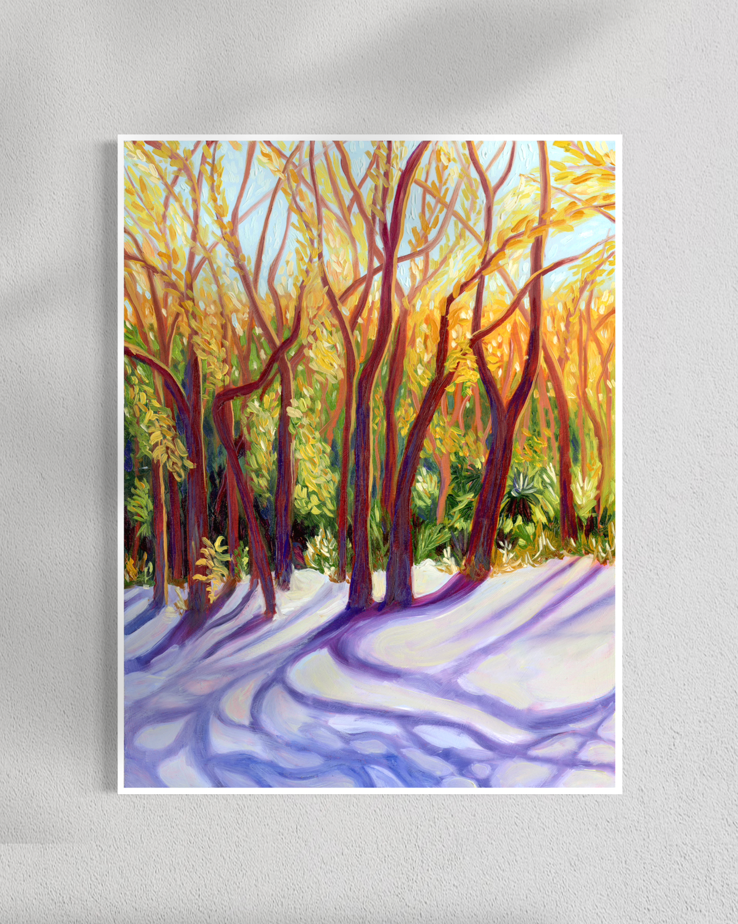 Art print of a snowy forest scene with bare trees on a gray background