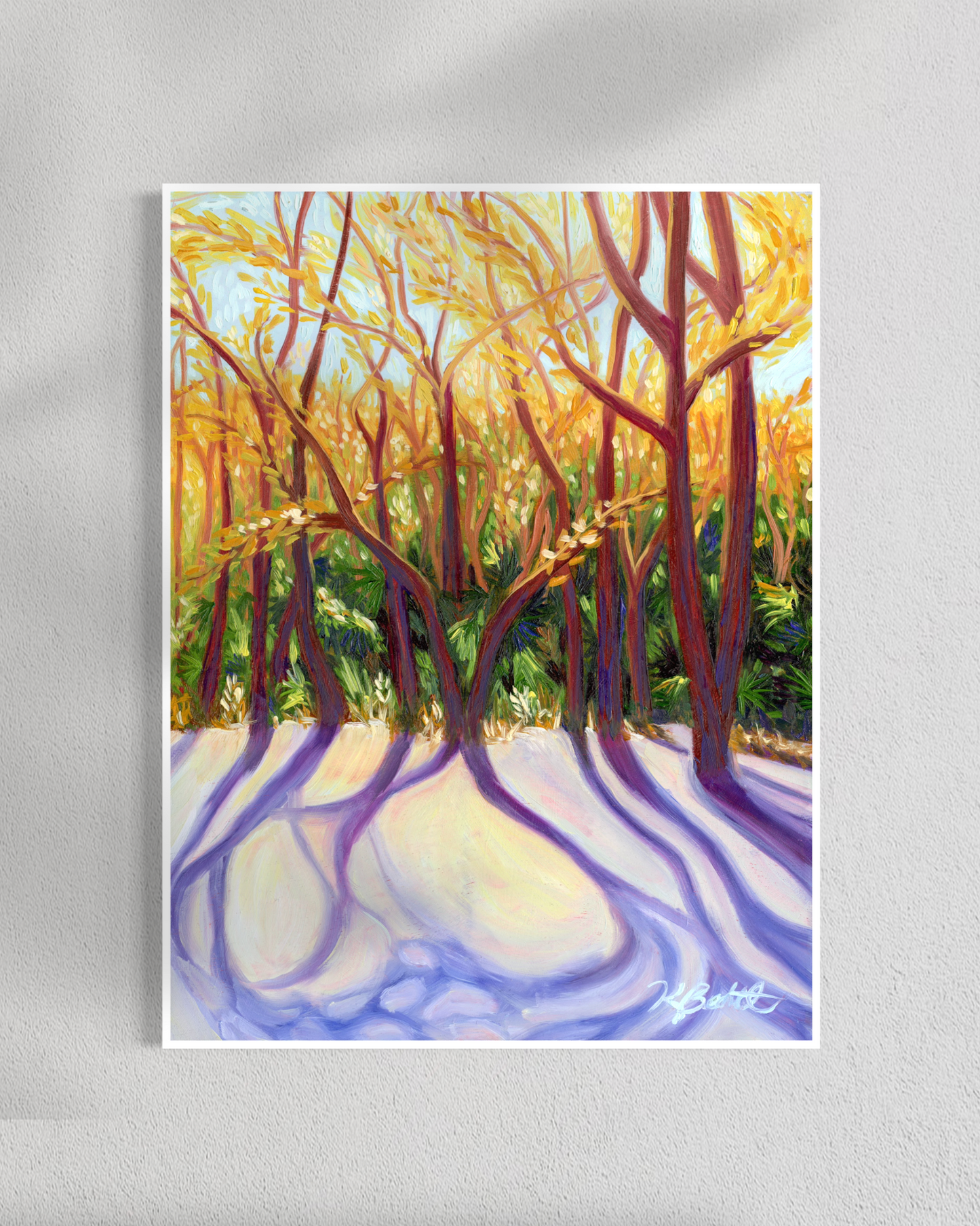 Painting of a forest scene with sunlight filtering through the trees on a gray background.
