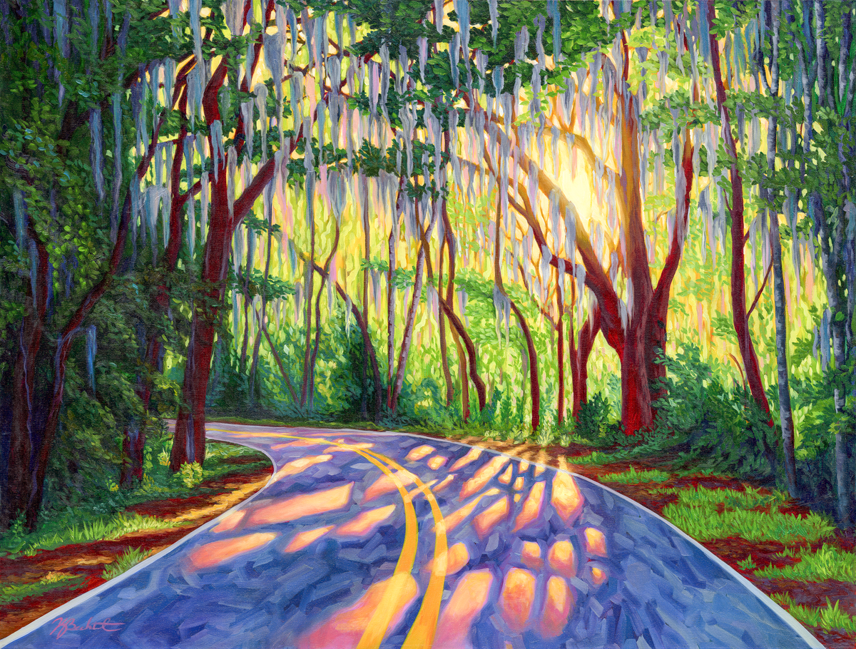 A colorful painted forest road scene with hanging Spanish moss, sun rays shining through the trees, and a winding road in the foreground.