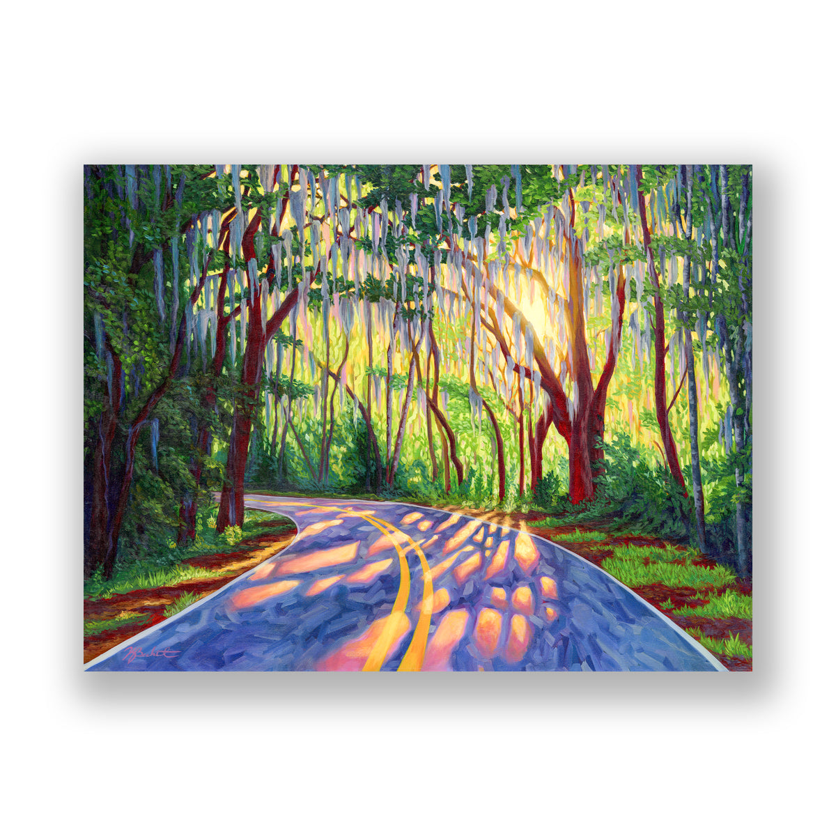 A painted canvas against a white background with shadow depicting a winding road through a forest with Spanish moss trees and vibrant yellow sunlight filtering through the canopy.