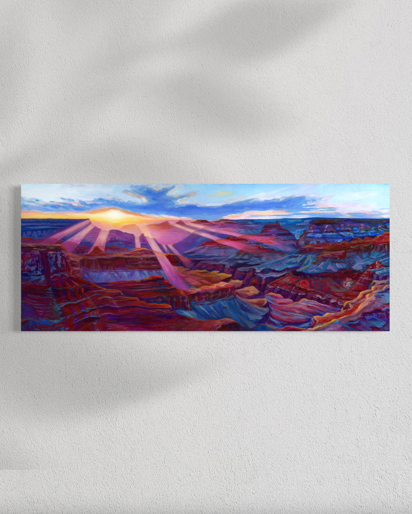 Painting of a canyon landscape with colorful light effects on a white background