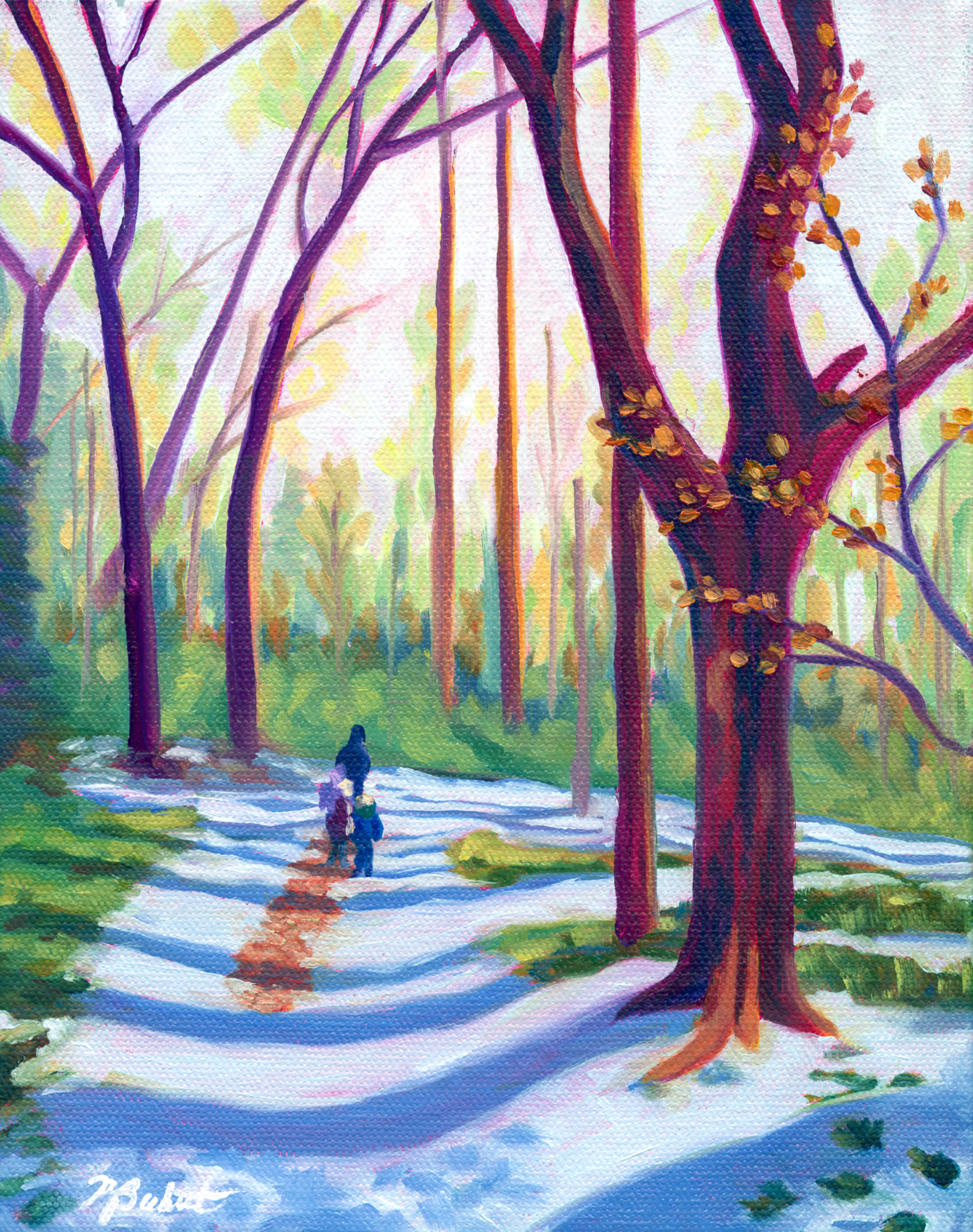 Colorful painting of a forest path with people walking in the snow