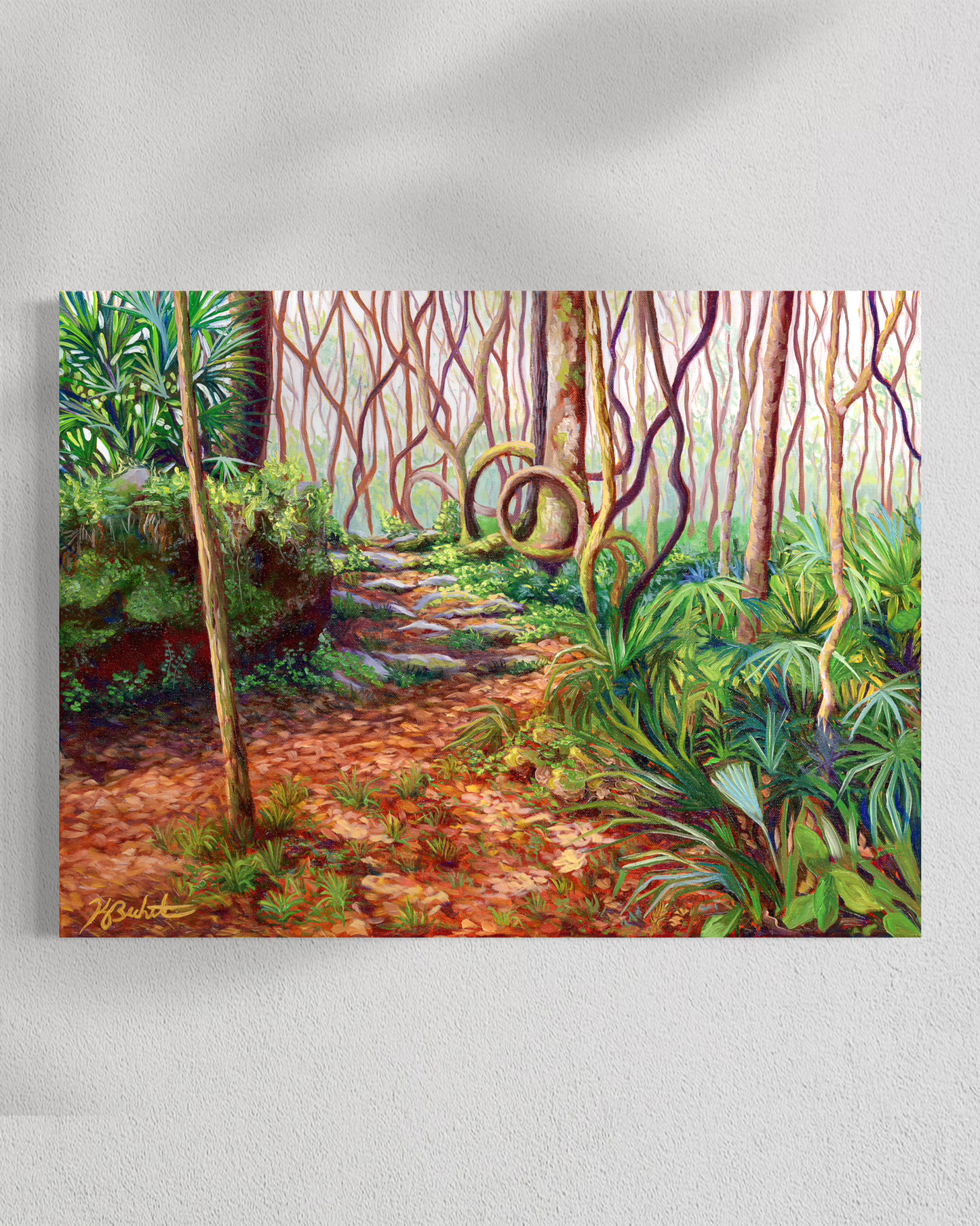 Painting of a forest path with twisted trees on a white wall