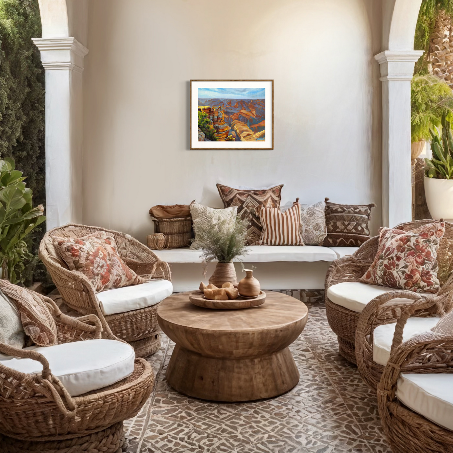 Outdoor patio with wicker furniture, cushions, and a coffee table.