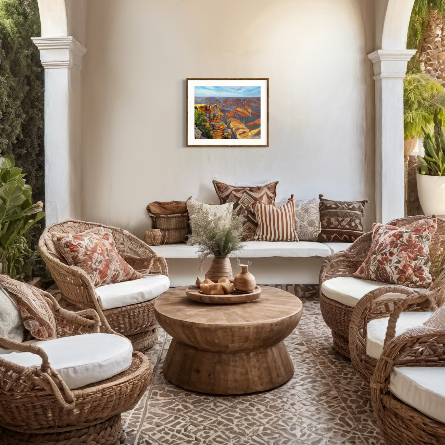 Outdoor patio with wicker furniture, cushions, and a coffee table.